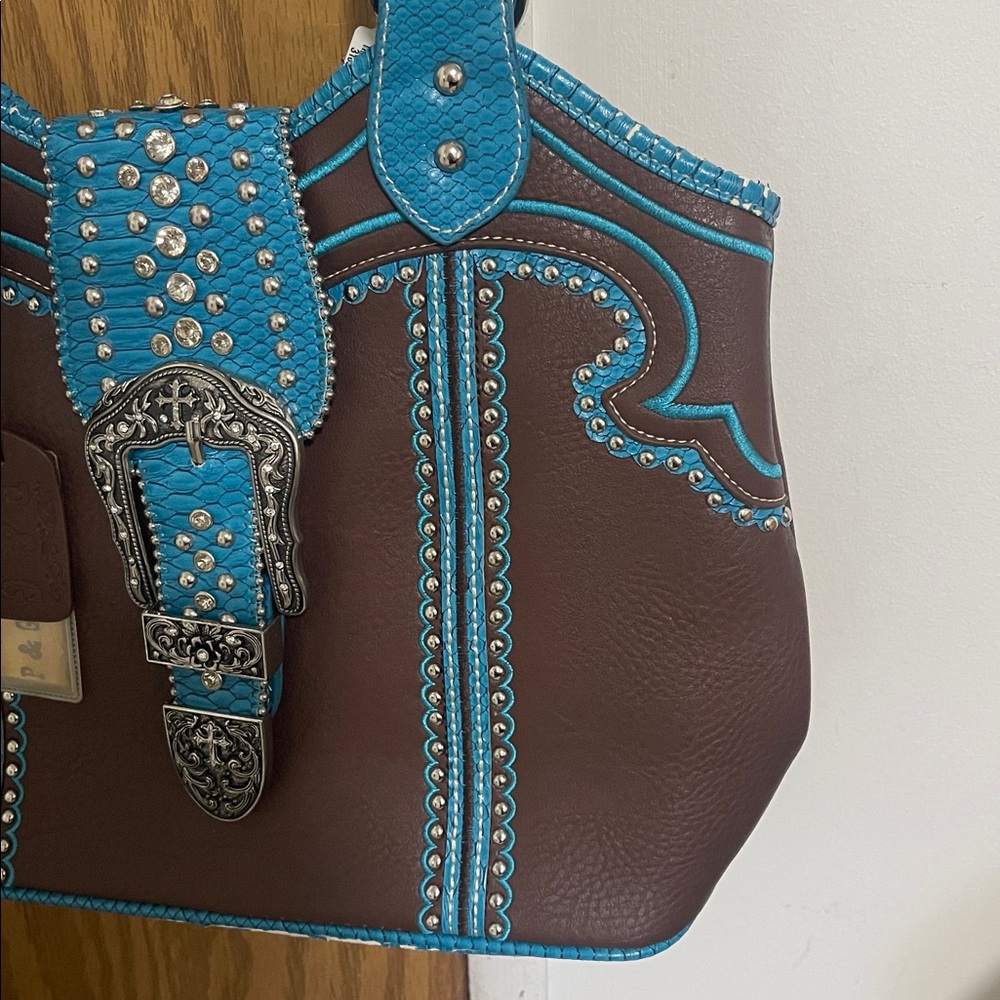 Brown and Blue Studded Women's Handbag - Picture 7 of 12